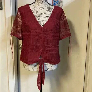 Anthropologie Tularosa maroonish Red button up tie crop top shirt womens small